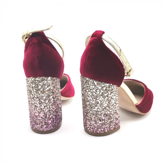Pantofi din catifea grena cu toc gros imbracat in glitter Glam [3]