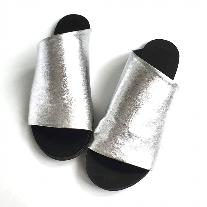 Papuci dama din piele naturala argintie Lexi [2]