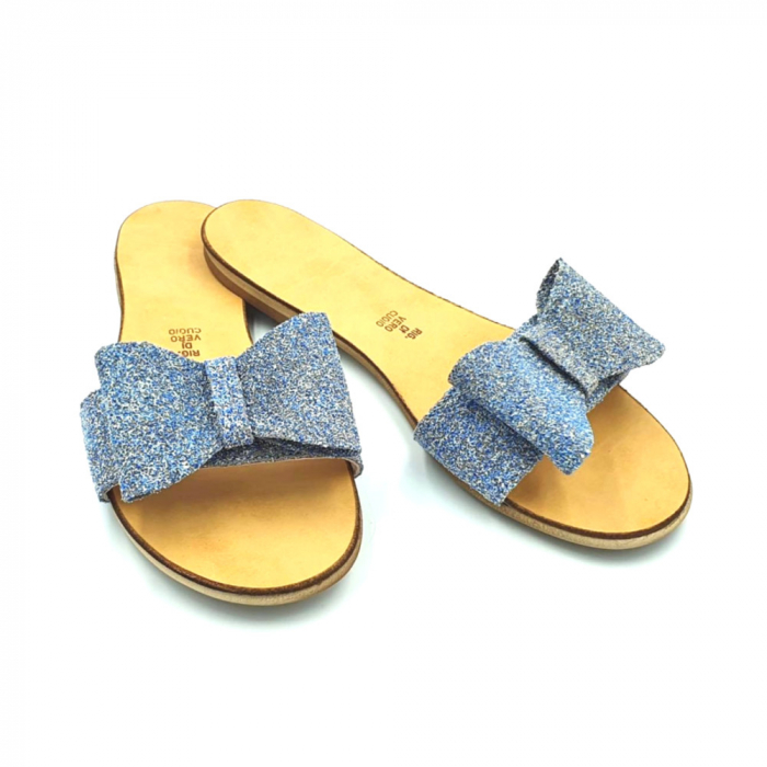 Papuci de dama din piele cu funda dubla Blue Glitter [3]