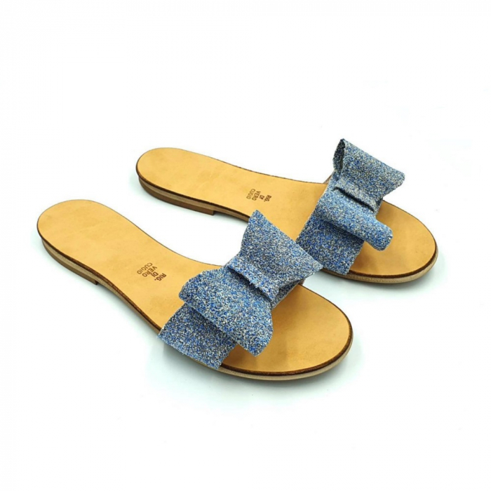 Papuci de dama din piele cu funda dubla Blue Glitter [4]