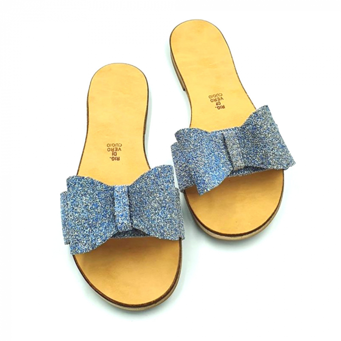 Papuci de dama din piele cu funda dubla Blue Glitter [2]