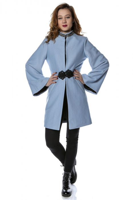 Palton dama din stofa bleu cu maneci clopot PF26, M [1]