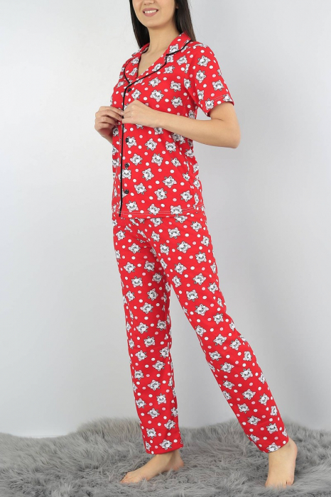 Pijama dama rosie din bumbac cu imprimeu pisicute [4]