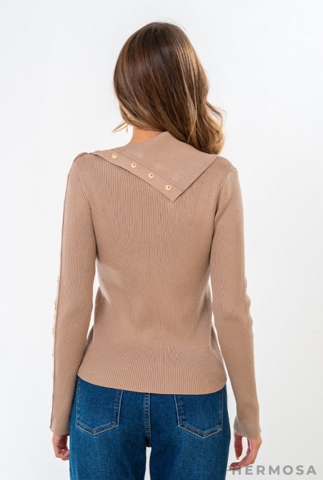 Pulover dama din tricot elastic bej [3]