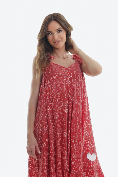 Rochie asimetrica amplă rosie cu buline mici si volan Crazy in Love [3]