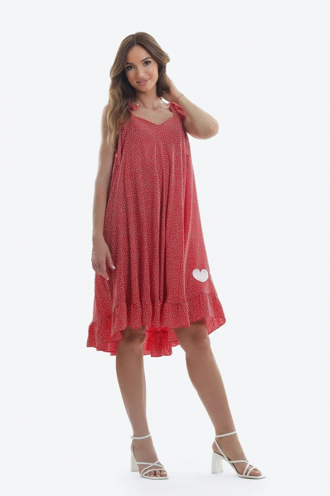 Rochie asimetrica amplă rosie cu buline mici si volan Crazy in Love [2]