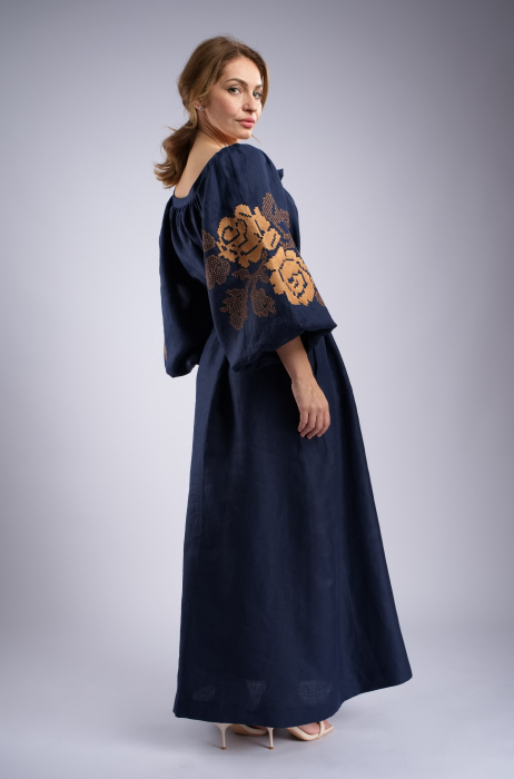 Rochie lunga bleumarin cu maneci brodate cu model traditional CLAIRE, M [2]