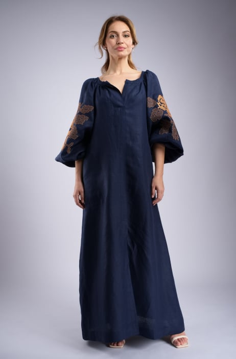 Rochie lunga bleumarin cu maneci brodate cu model traditional CLAIRE, M [3]