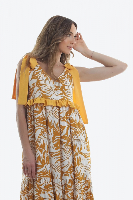Rochie lungă din viscoză cu imprimeu vegetal galben Capri [4]