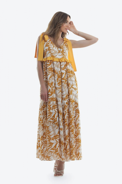 Rochie lungă din viscoză cu imprimeu vegetal galben Capri [3]