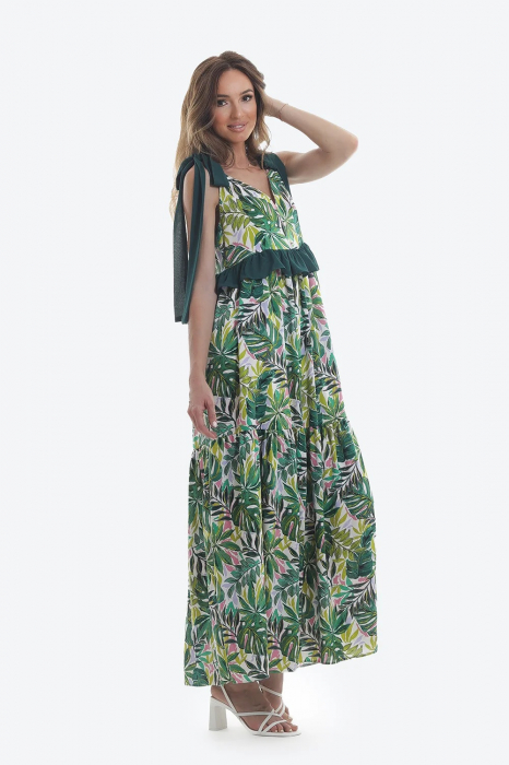 Rochie lungă din viscoză cu imprimeu vegetal verde Bali [3]