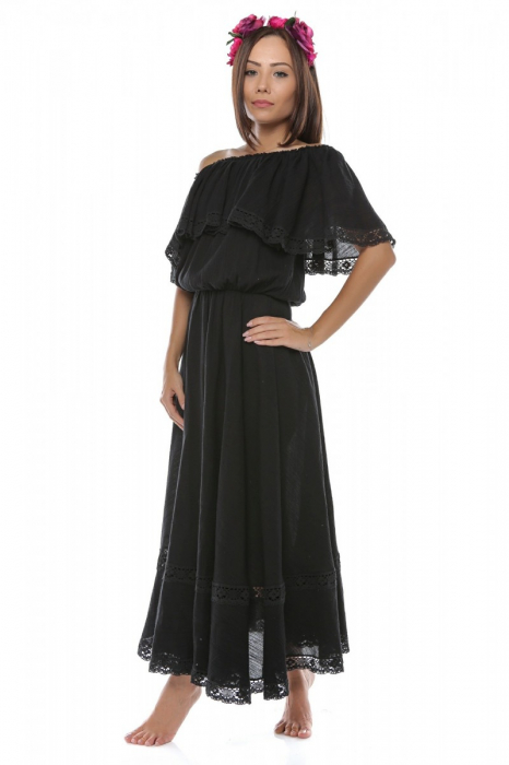 Rochie lunga neagra din panza topita Anuca [3]