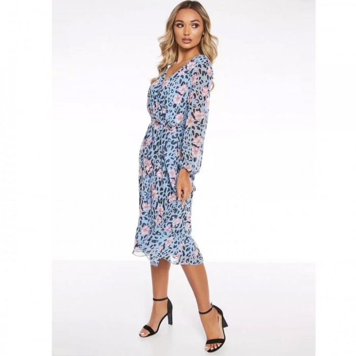 Rochie midi bleu cu model floral si maneci lungi [2]