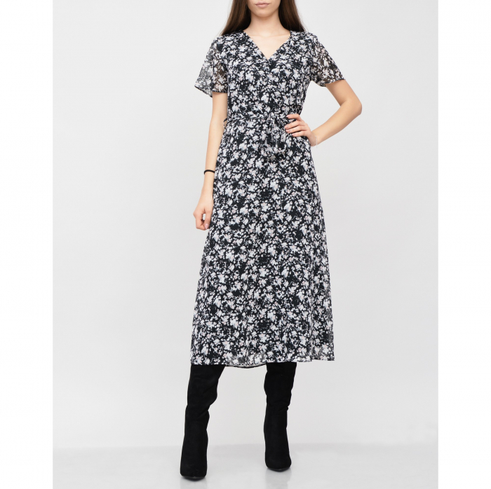 Rochie midi din voal cu flori mici negru cu alb [2]