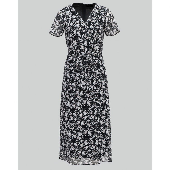 Rochie midi din voal cu flori mici negru cu alb [4]