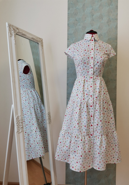 Rochie midi tip camasa, cu maneca scurta, alba cu floricele [4]