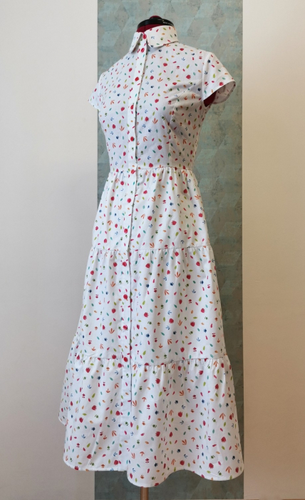 Rochie midi tip camasa, cu maneca scurta, alba cu floricele [3]