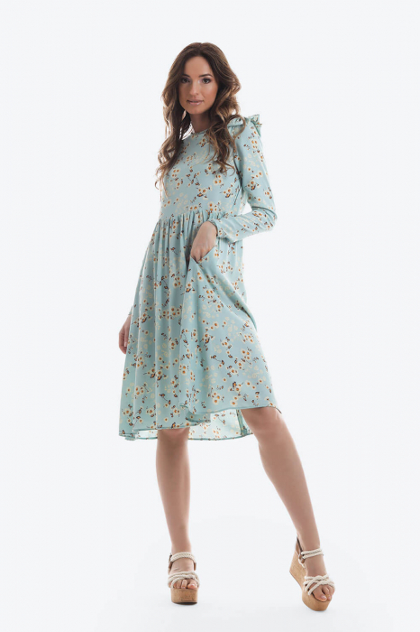 Rochie scurta cu imprimeu floral, maneci lungi si buzunare [2]