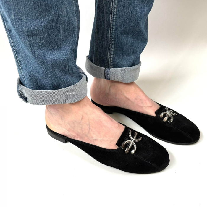 Saboti dama din piele naturala cu accesoriu metalic Fly Black [3]