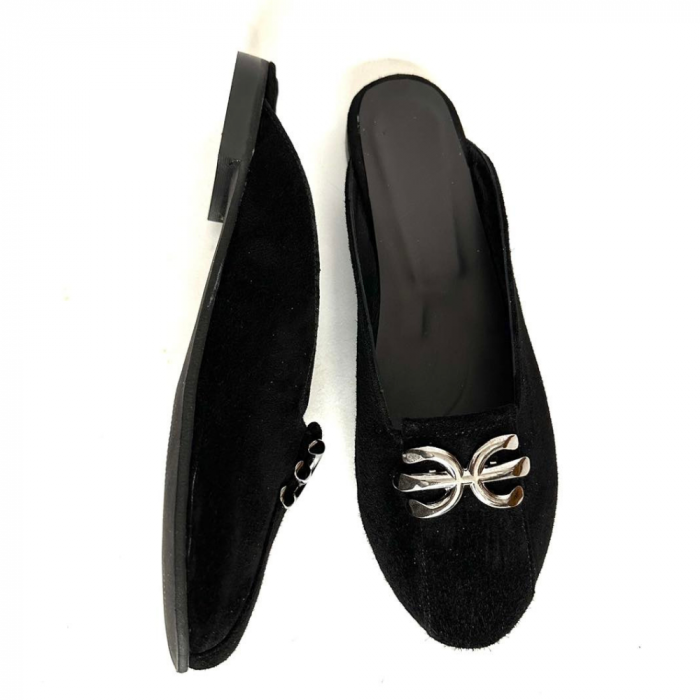 Saboti dama din piele naturala cu accesoriu metalic Fly Black [5]