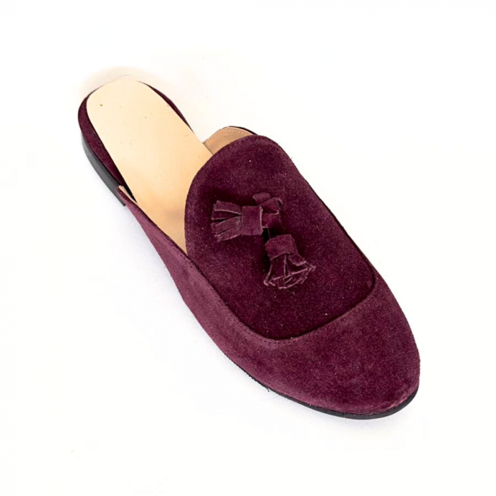 Saboti din piele intoarsa accesorizati cu ciucuri Tea Burgundy [4]