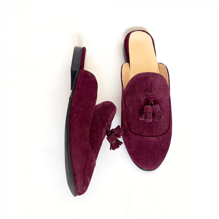 Saboti din piele intoarsa accesorizati cu ciucuri Tea Burgundy [2]