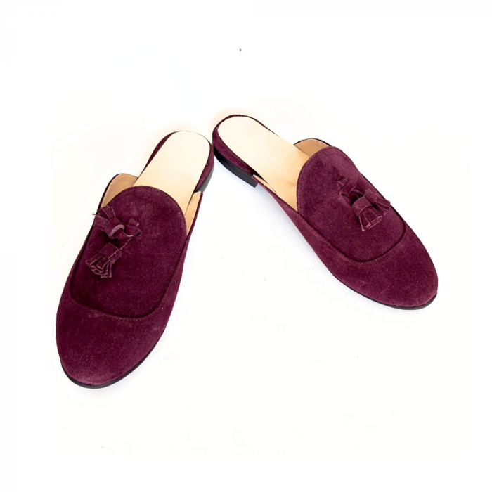 Saboti din piele intoarsa accesorizati cu ciucuri Tea Burgundy [3]
