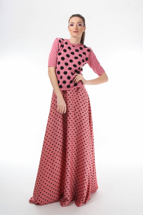 Bluza dama tricotat roz cu buline negre si maneci trei sferturi [3]