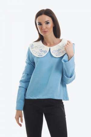 Bluza albastra cu maneci lungi si guler alb brodat [2]