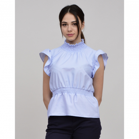 Bluza dama office din bumbac bleu cu volan la maneci [0]