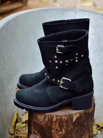 Bocanci dama din piele intoarsa cu tinte Biker Black, 35 [3]