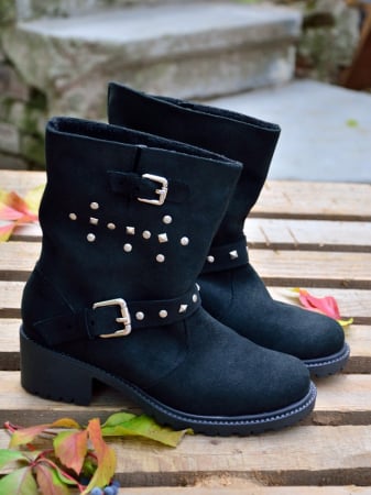 Bocanci dama din piele intoarsa cu tinte Biker Black, 35 [0]