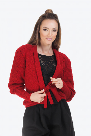 Pulovere si Cardigane - Cardigan tricotat rosu cu funda