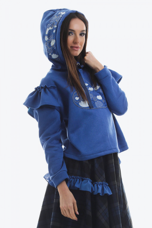 Bluze - Hanorac albastru din bumbac cu broderie norisori pe fata si pe gluga