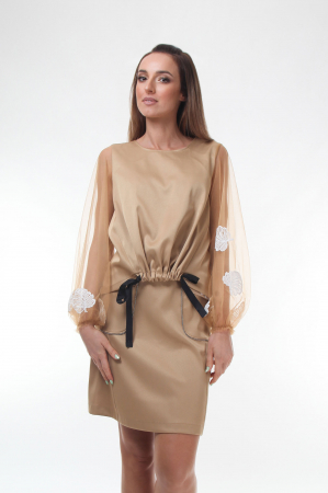 Outlet Imbracaminte - Bluza eleganta bej cu maneci lungi transparente din tulle fin, 42