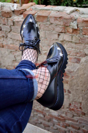 Pantofi dama derby din piele naturala Black Glitter Stars, 38 [0]