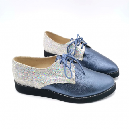 Pantofi dama oxford din piele naturala albastru metalizat cu insertii de glitter, 37 [0]
