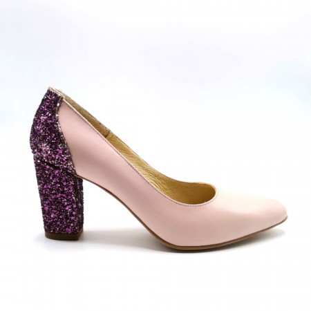 Pantofi dama roz pal cu toc gros imbracat in glitter mov Lidia, 38 [0]