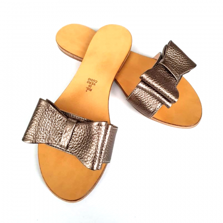 Sandale - Papuci de dama din piele cu funda dubla Bronze
