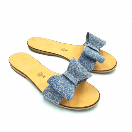 Sandale - Papuci de dama din piele cu funda dubla Blue Glitter