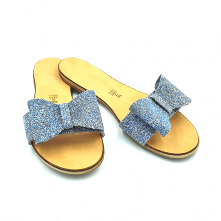 Papuci de dama din piele cu funda dubla Blue Glitter [2]