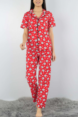 Pijama dama rosie din bumbac cu imprimeu pisicute [0]