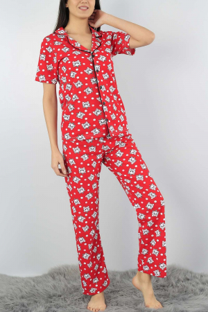 Pijama dama rosie din bumbac cu imprimeu pisicute [2]