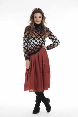 Pulover tricotat negru cu model floral si maneci lungi [2]