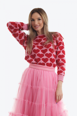 Pulover tricotat roz candy cu inimii rosii [0]
