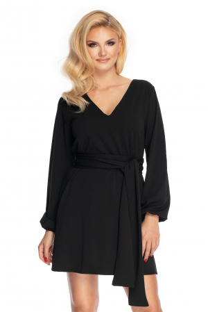 Final Sales - Rochie neagra cu maneci lungi si cordon lung