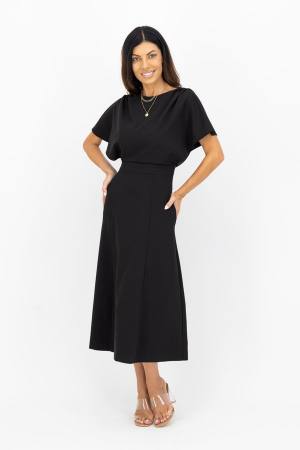 EDITIE LIMITATĂ - Rochie eleganta midi neagra, cu spatele gol si maneci cazute Diva