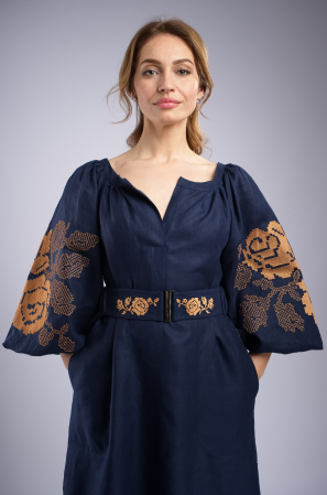 Rochie lunga bleumarin cu maneci brodate cu model traditional CLAIRE, M [4]