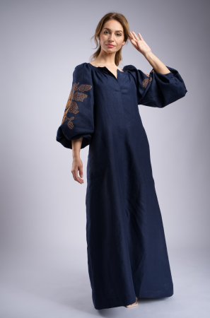 Rochie lunga bleumarin cu maneci brodate cu model traditional CLAIRE, M [3]