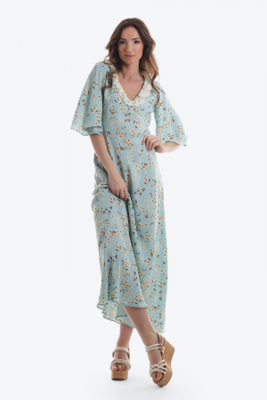 Rochii - Rochie lunga cu decolteu V, imprimeu floral, volanas din dantela si maneca fluture